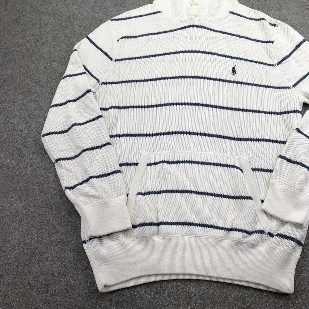 Polo Ralph Lauren Sweater Mens Large White Striped Hooded Pima Cotton Logo